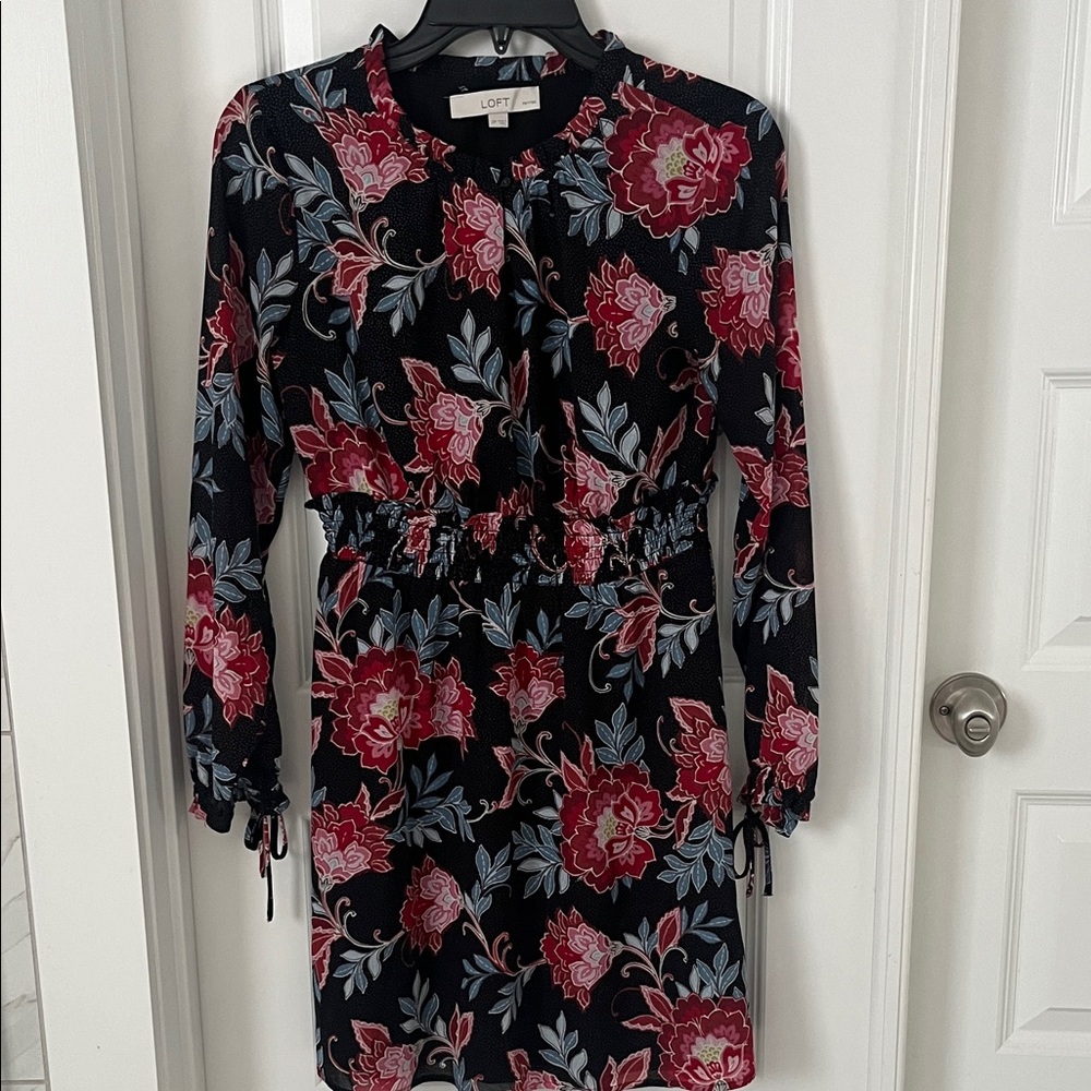 LOFT Black Long-Sleeve Floral Dress